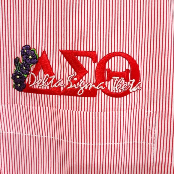Delta Sigma Theta Embroidered Striped Button-Up Shirt Red White Long Sleeve Size - Picture 2 of 5